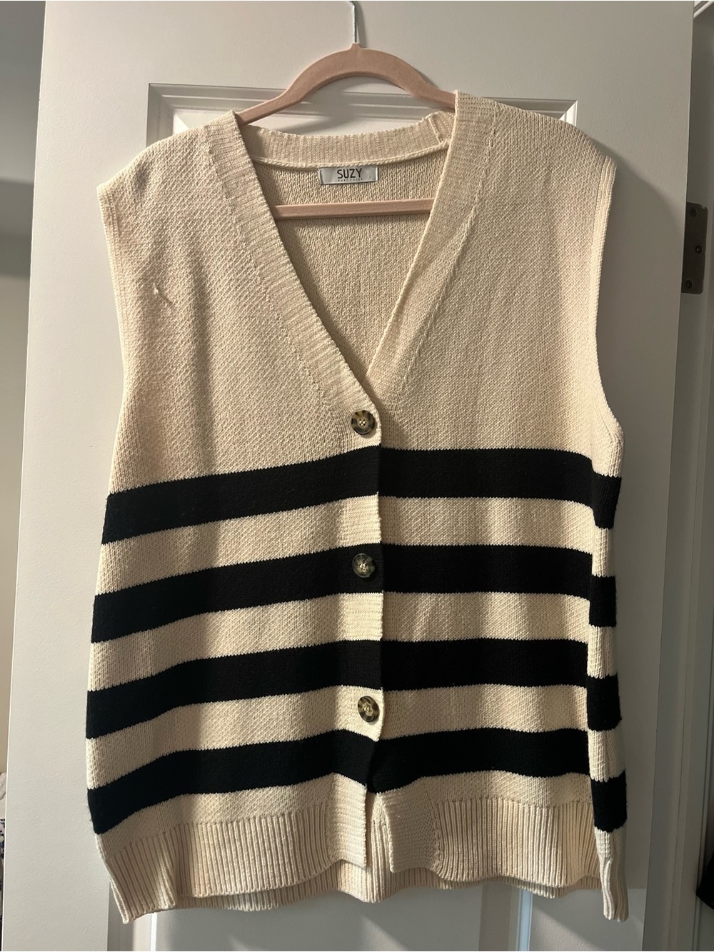 Suzy Shier Cream and Black Striped V-Neck Buttoned Sweater Vest